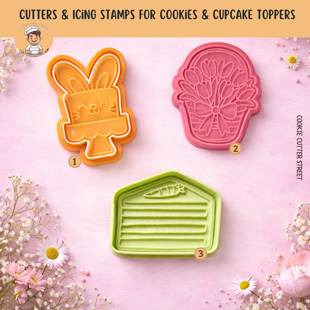 Three Easter cookie cutters and icing stamps featuring a bunny cake design, tulip basket, and a slice carrot cake on a pastel background