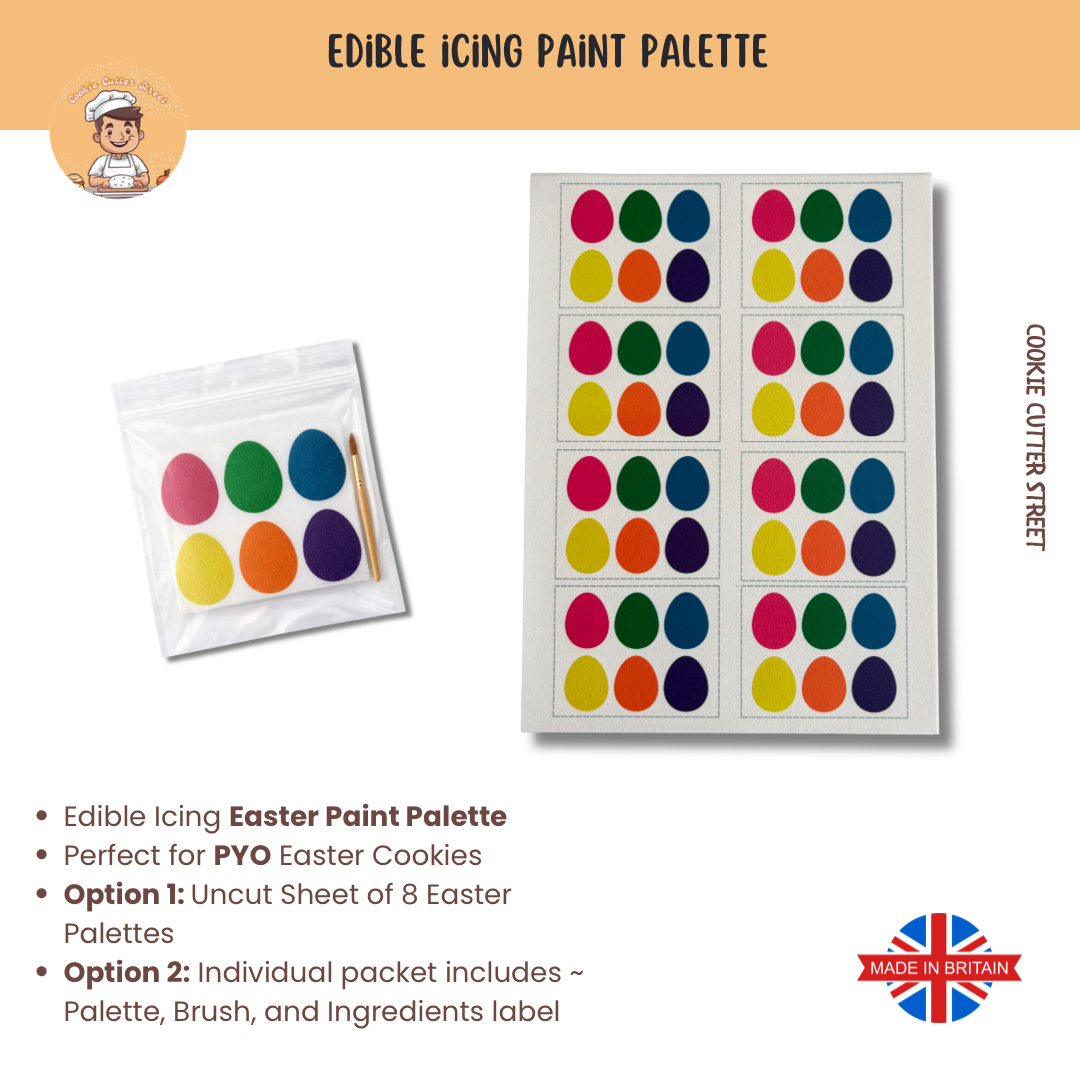 Edible icing Easter paint palette used for paint your own cookies, available as uncut sheet of palettes or individual kit with brush.