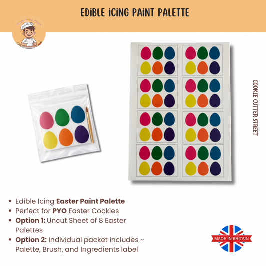 Edible icing Easter paint palette used for paint your own cookies, available as uncut sheet of palettes or individual kit with brush.