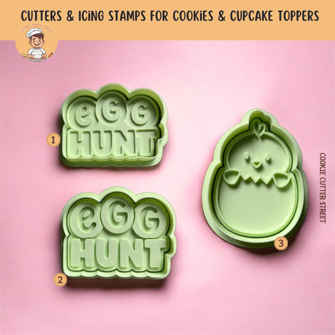 Three green easter cookie cutters with 'Egg Hunt' text on a pink background