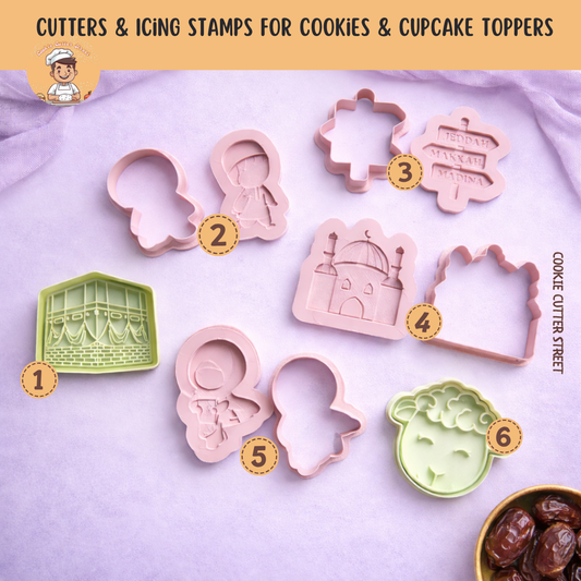 Eid and Ramadan themed cookie cutters and icing stamps including mosque, Kaaba, sheep and decorative plaque designs displayed on soft pastel background.