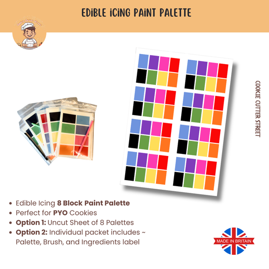 Edible icing paint palette with color swatches and packaging on a white background