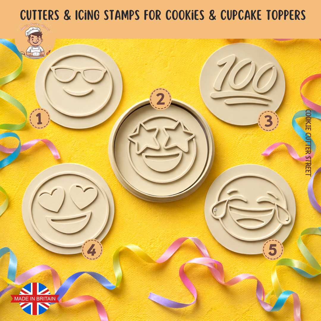 Round emoji imprint cookie cutter and icing stamp collection featuring sunglasses, star eyes, heart eyes, laughing and 100 symbol designs on yellow background with colourful ribbons.