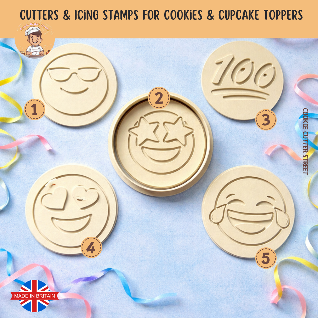 Set of five cookie cutters with emoji smiley face designs on a light blue background with ribbons.