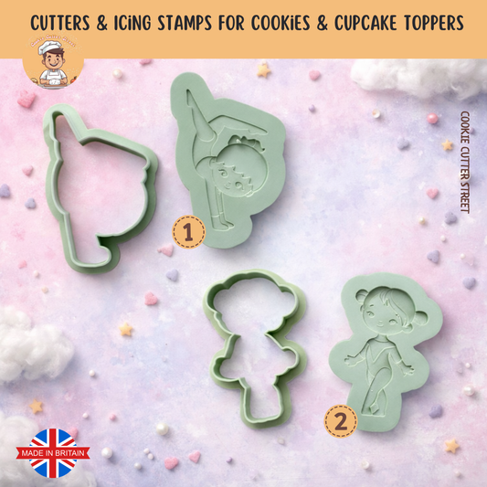Little ballerina and gymnast cookie cutter and icing stamp designs shown in raised and imprint styles on pastel background.