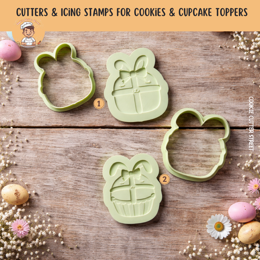 Hot cross bun bunny with bow and hot cross bun cupcake cookie cutters with matching multi-level icing stamps on a rustic wooden Easter background.