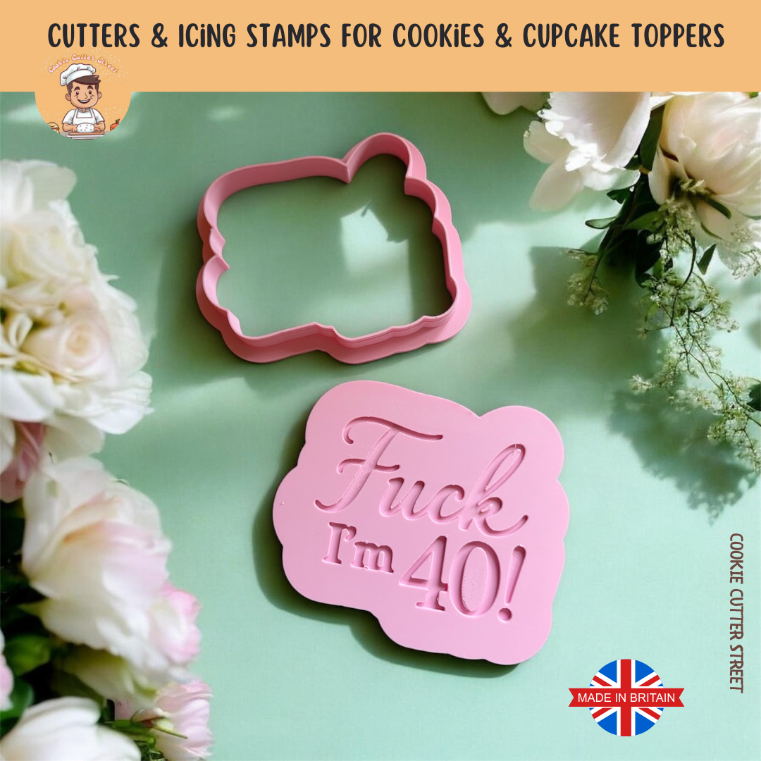 Cookie cutter and stamp with 'I'm 40!' text on a green background with flowers.