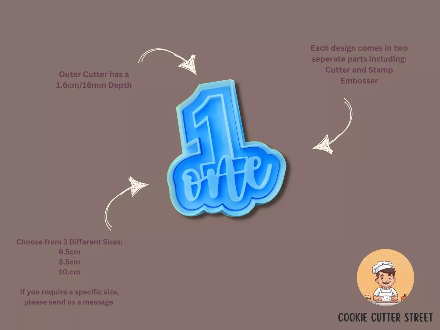 Number One 1st Birthday Cutter & Icing Embosser For Cookies & Cupcake Topper