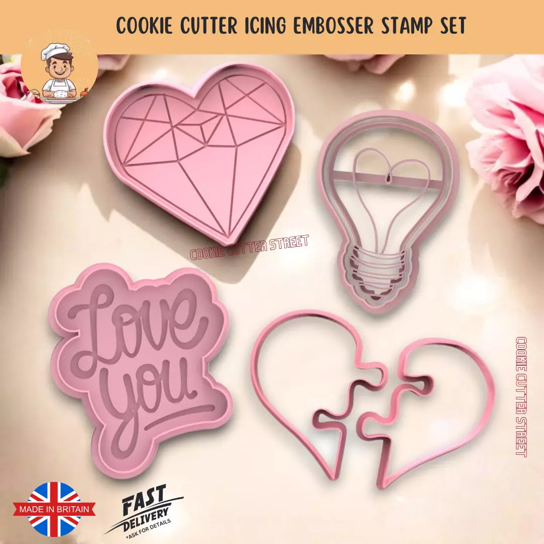 Set of 4 Love & Heart-Shaped Cutters & Icing Embossers For Cookies & Cupcake Toppers