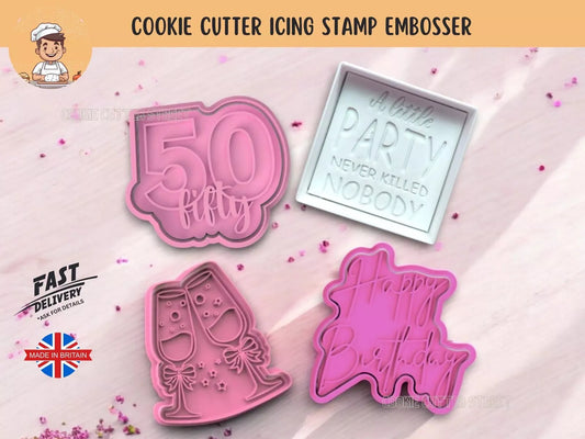 50th Birthday Milsetone Themed Cutters & Icing Embossers For Cookies & Cupcake Toppers