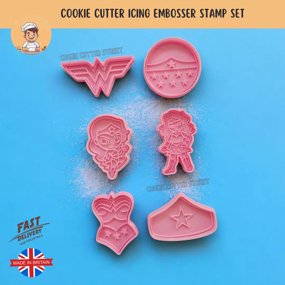 Wonder Woman Superhero Themed Cutters & Icing Embossers For Cookies & Cupcake Toppers