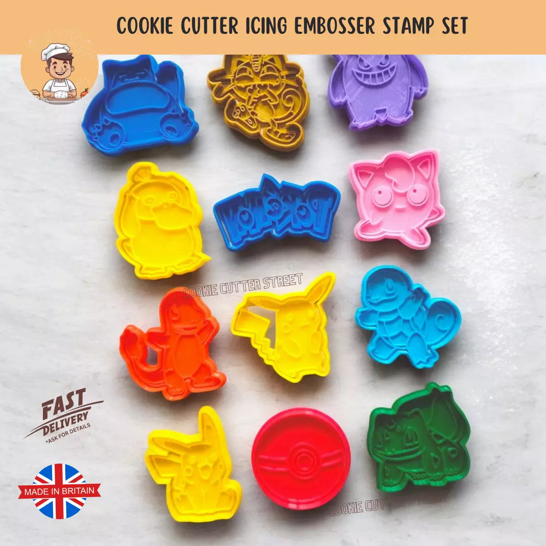 Set of 12 Pokémon Movie Gaming Themed Cutters & Icing Embossers For Cookies & Cupcake Toppers