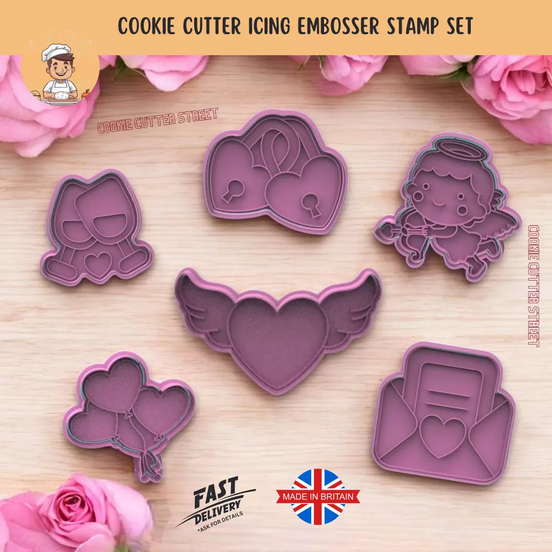 Set of 6 Cupid & Valentine’s Day Cutters & Icing Embossers For Cookies & Cupcake Toppers