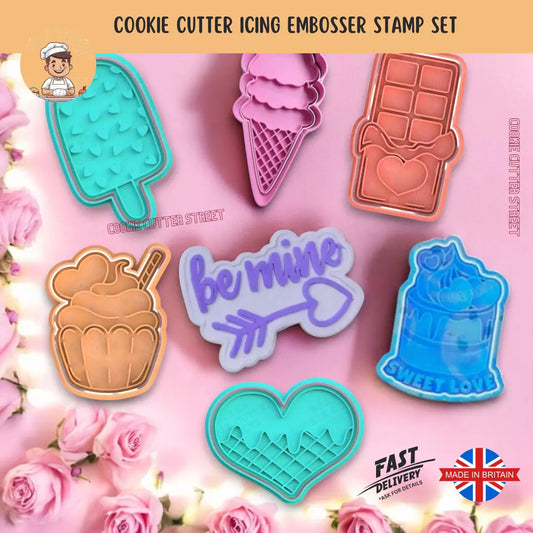 Set of 7 Valentine’s Day Be Mine Sweet Love Cutters & Icing Embossers For Cookies & Cupcake Toppers