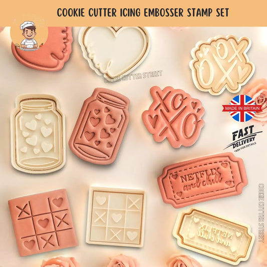 Romantic Valentines Cookie Cutter & Icing Stamp Embosser Set – XOXO, Love, Jar of Hearts, Netflix Chill Cutters & Icing Embossers For Cookies & Cupcake Toppers