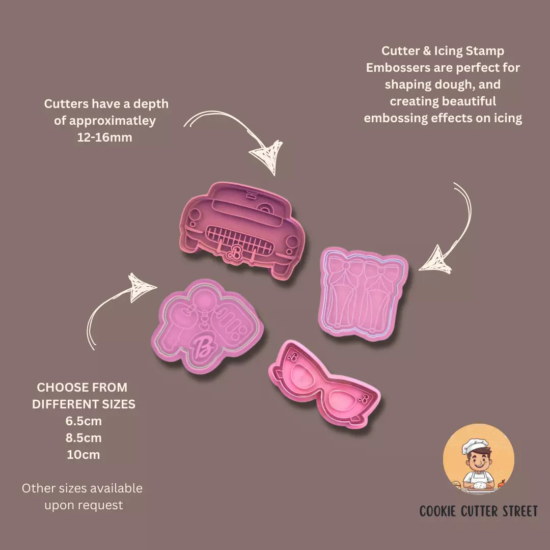 On The Go Barbie Themed Cutters & Icing Embossers For Cookies & Cupcake Toppers