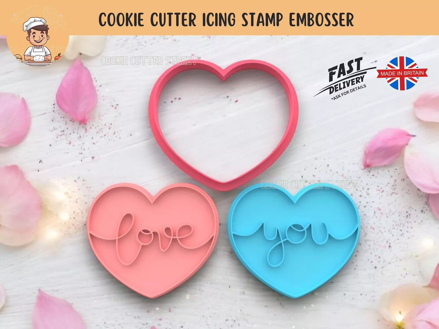 Love You Valentine Heart Set Cutters & Icing Embossers For Cookies & Cupcake Toppers