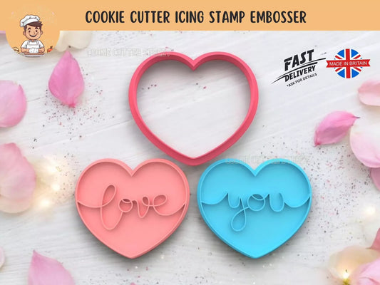 Love You Valentine Heart Set Cutters & Icing Embossers For Cookies & Cupcake Toppers