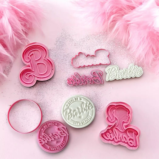 Text Pack of 4 Barbie Themed Cutters & Icing Embossers For Cookies & Cupcake Toppers