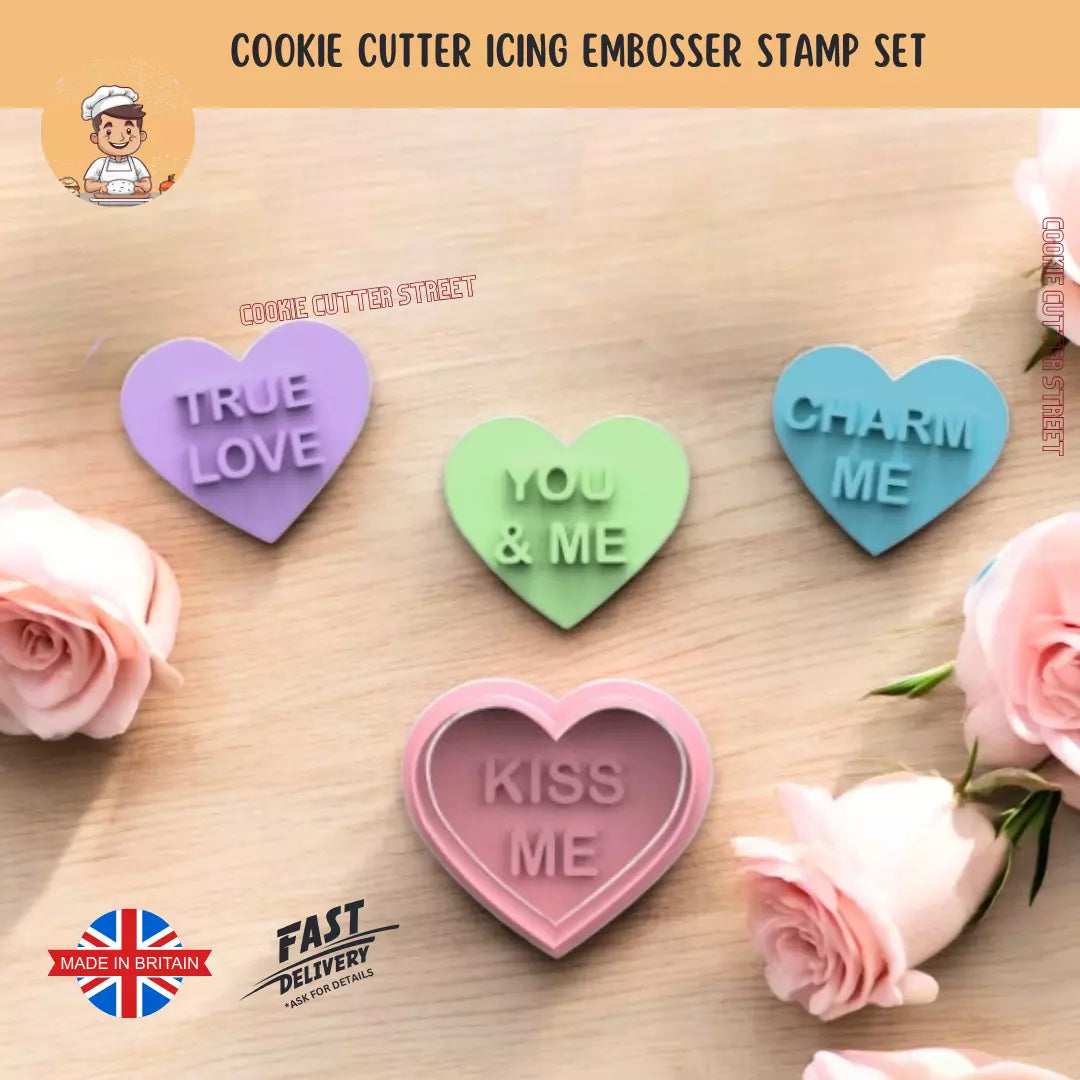 Valentines Love Heart Sweets Cutters & Icing Embossers For Cookies & Cupcake Toppers