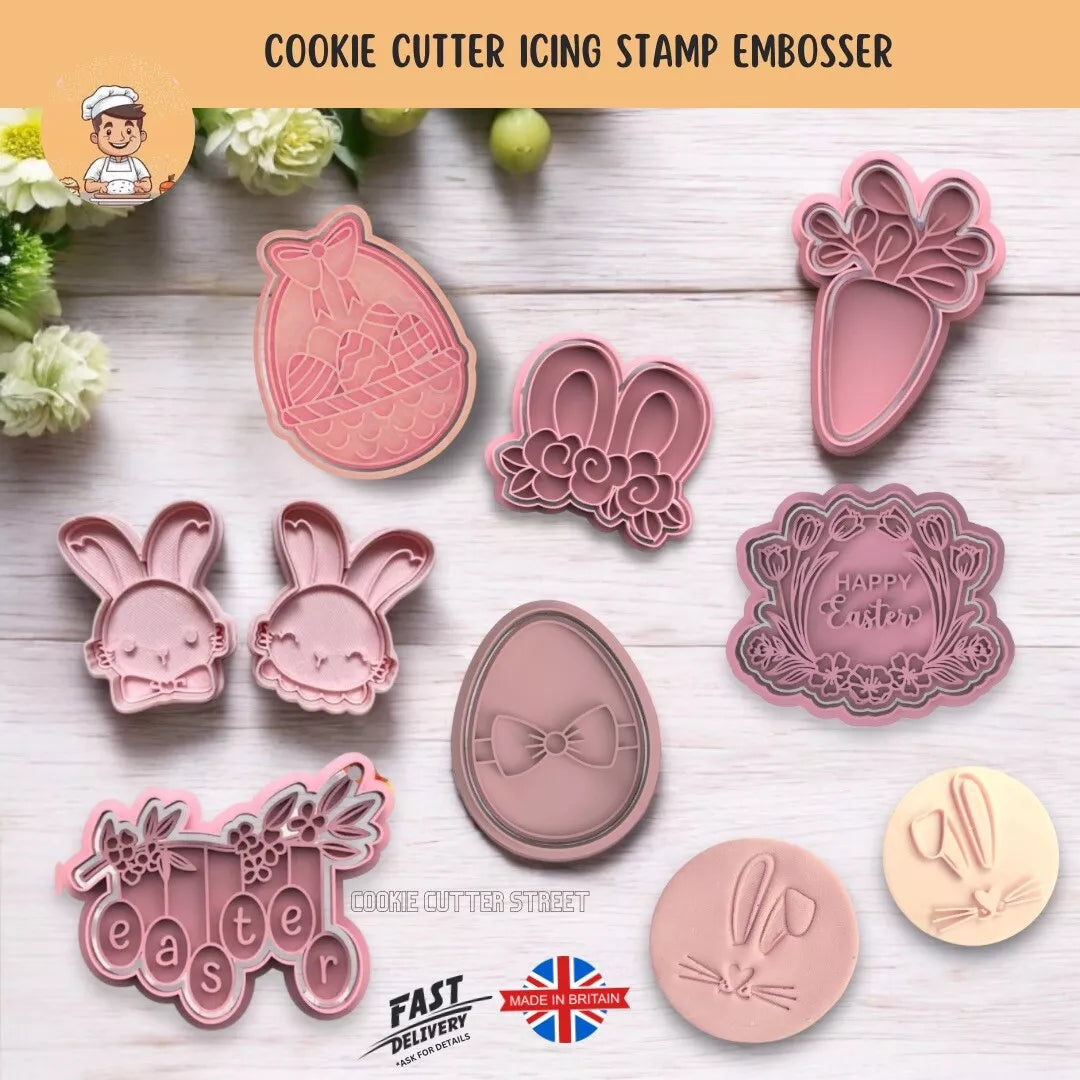 Cute Easter Floral Bunny Cutters & Icing Embossers For Cookies & Cupcake Toppers