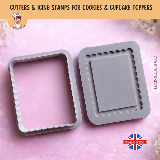 Scalloped picture frame cookie cutter and icing stamp with smooth centre panel for edible photos, drawings, and personalised messages.