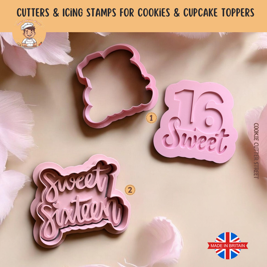 Pink cookie cutters with 'sweet sixteen' design on a beige background
